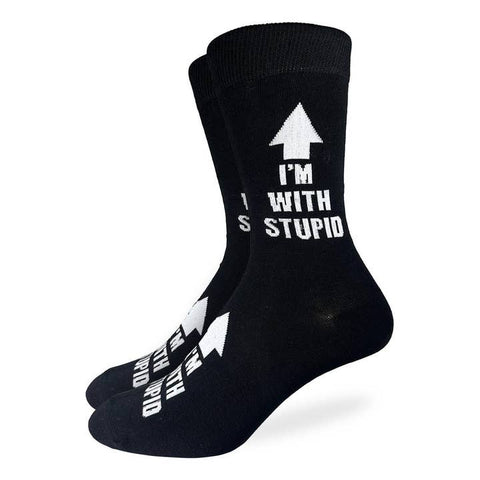 Black socks with white text and graphics on a white background