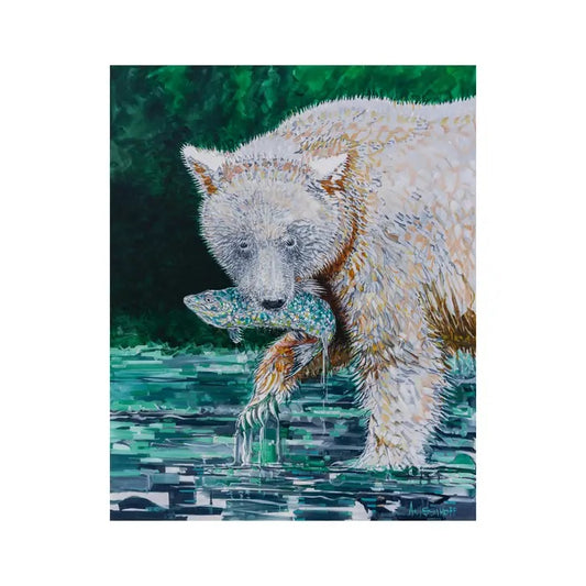 art greeting card by andy anissimoff showing grizzly bear eating a fish