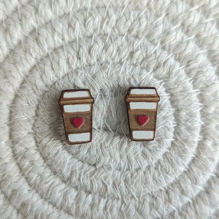 Whimsical Wood - Coffee Lover Stud Earrings