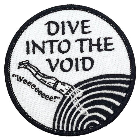 Round patch with text 'Dive into the Void' and a diving figure, on a white background.