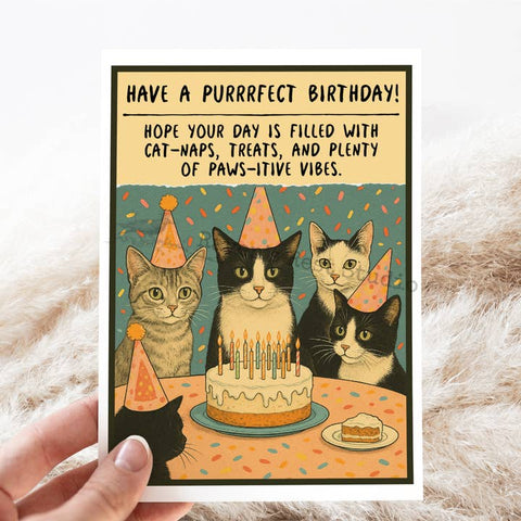 Birthday card with cats around a cake and text 'Have a purrfect birthday!'