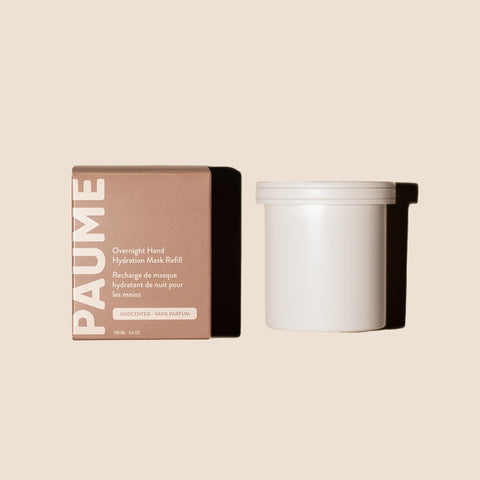 PAUME hand mask refill packaging and container on a beige background