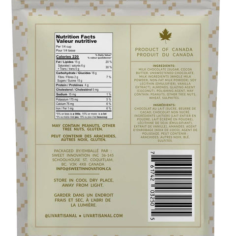 Back of a chocolate packaging with nutrition facts, ingredients, and contact information.