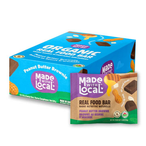 Box of Made with Local Organic Real Food Bars with a single bar on a white background