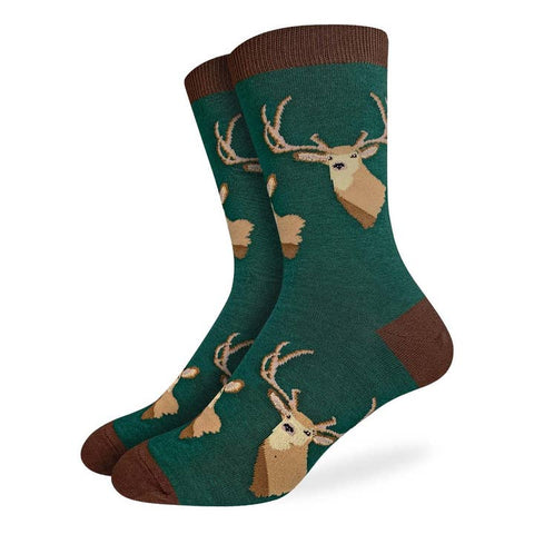 Green socks with deer pattern on a white background