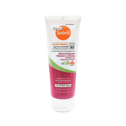 Tube of Derm Soleil sunscreen with pink base and white cap on a white background