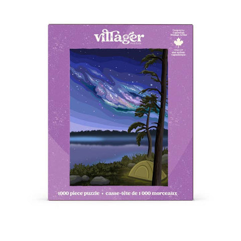 Villager puzzle box with a Northern Lights scene on a purple background