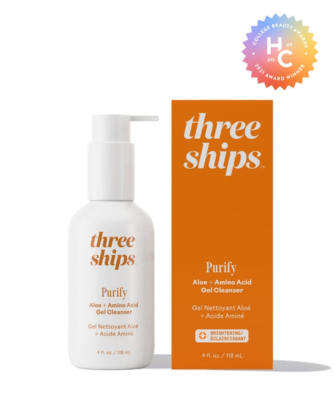 Three Ships Purify Aloe + Amino Acid Gel Cleanser bottle and packaging on a white background