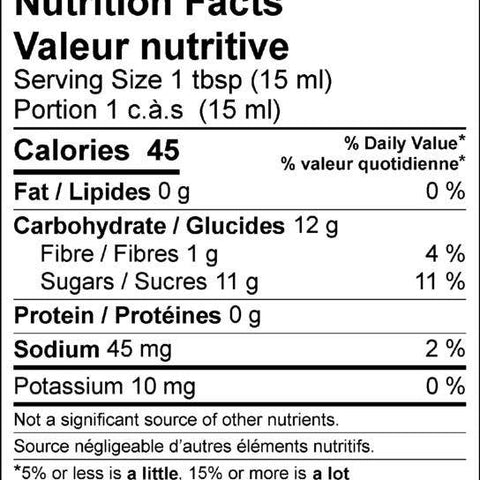 Nutrition facts label for a product with serving size, calories, and nutritional content details.