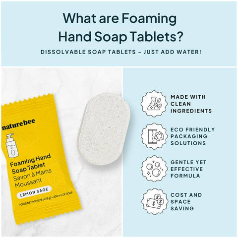 Foaming hand soap tablet packaging with text highlighting features on a light blue background