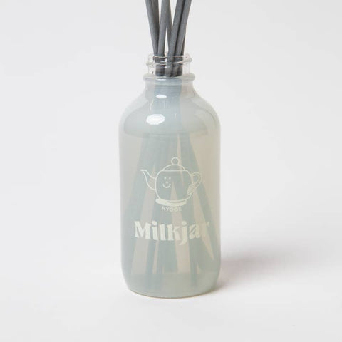 Opaline glass diffuser bottle with 'Milkjar' branding on a white background