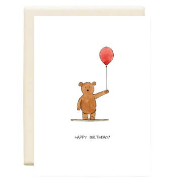 Cartoon bear holding a red balloon with 'Happy Birthday!' text on a white background