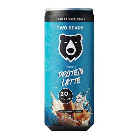 A 250ml aluminum can of Two Bears Vanilla Protein Latte on a plain white background. The can features a vibrant blue label with a black bear logo, white text, and a splash of vanilla ice cream at the bottom.