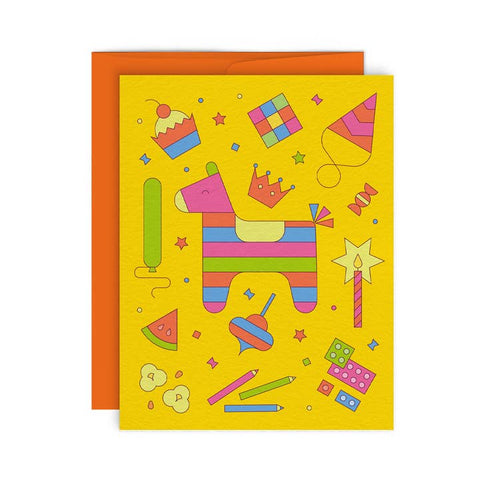 Colorful birthday card with a pinata design on a yellow background