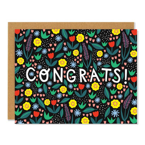 Greeting card with floral pattern and 'CONGRATS!' text on a black background