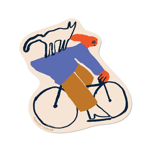 Illustration of a person riding a bicycle with a hand holding it, on a white background.
