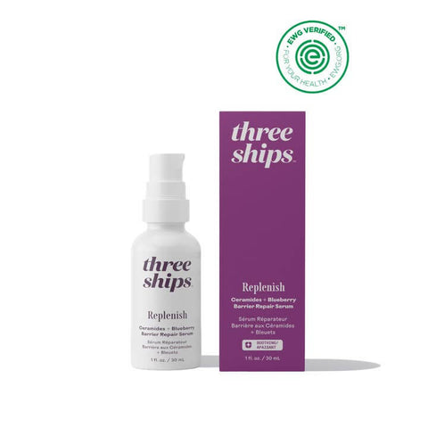 Three Ships Replenish Barrier Repair Serum with Ceramides and Blueberry – 30ml bottle and box, EWG Verified