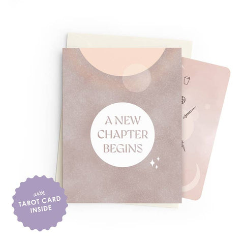 Card with 'A New Chapter Begins' text and tarot cards on a white background