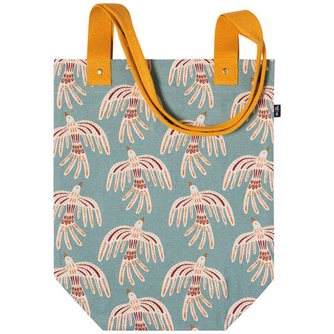 Tote bag with bird pattern and yellow handles on a white background