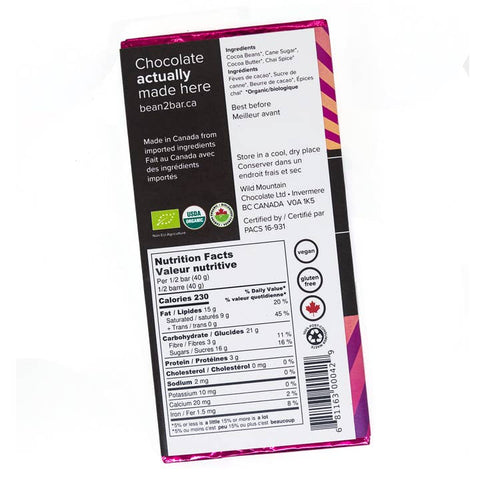Back view of a bean to bar chocolate packaging with nutritional information and branding details.