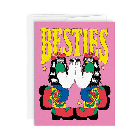 Greeting card with cartoon cowboys and the word 'BESTIES' on a pink background