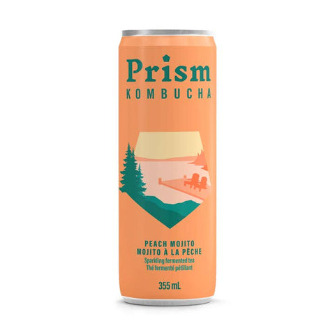 A 355 mL can of Prism Kombucha, Peach Mojito flavor, shown on a clean white background. The can features a peach-orange color scheme with a stylized illustration of a campfire, pine trees, and mountains in teal and beige, with the brand name 'Prism' in teal at the top.