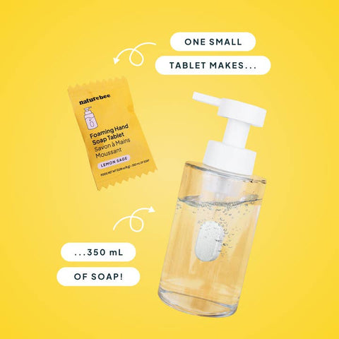 Foaming hand soap tablet packaging with a glass container of soap solution on a yellow background