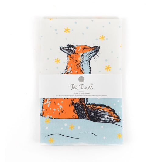 white tea towel with fox in the snow