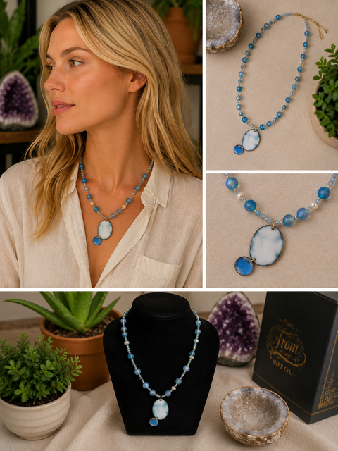 Woman wearing a blue beaded necklace with close-up shots of the necklace on a neutral background.