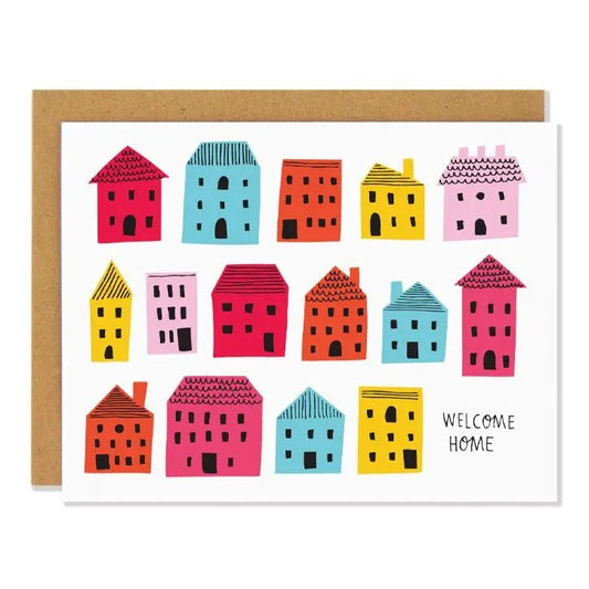 house warming greeting card with multiple multi coloured houses