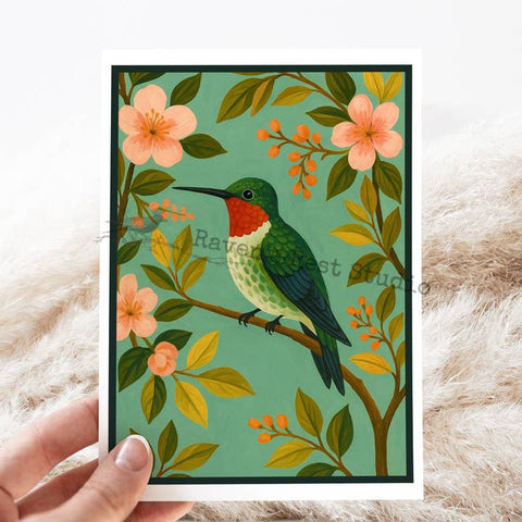 Hummingbird on Branch Card - Greeting Card - Raven's Rest Studio