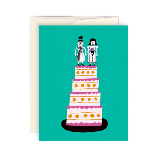 lesbian wedding card with 2 women on top of cake