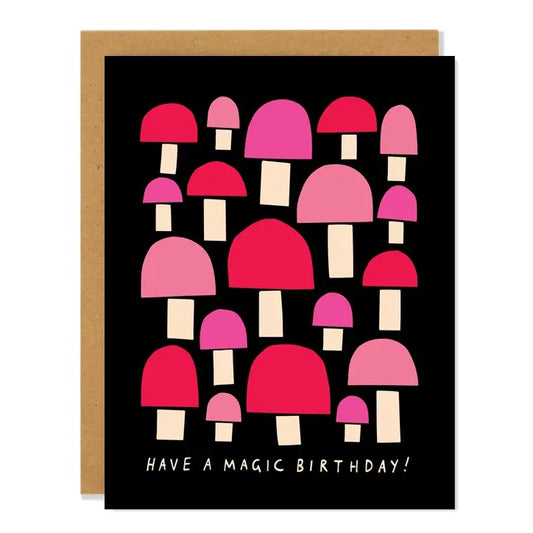 black greeting card with pink, red, and purple mushrooms