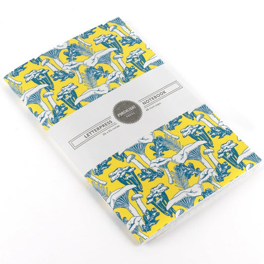 mini notebook with green and yellow mushrooms