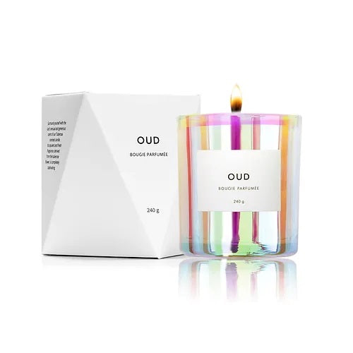 oud scented candle in holographic jar with white diamond shaped box