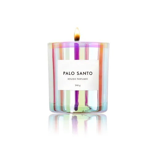 holographic candle in palo santo scent