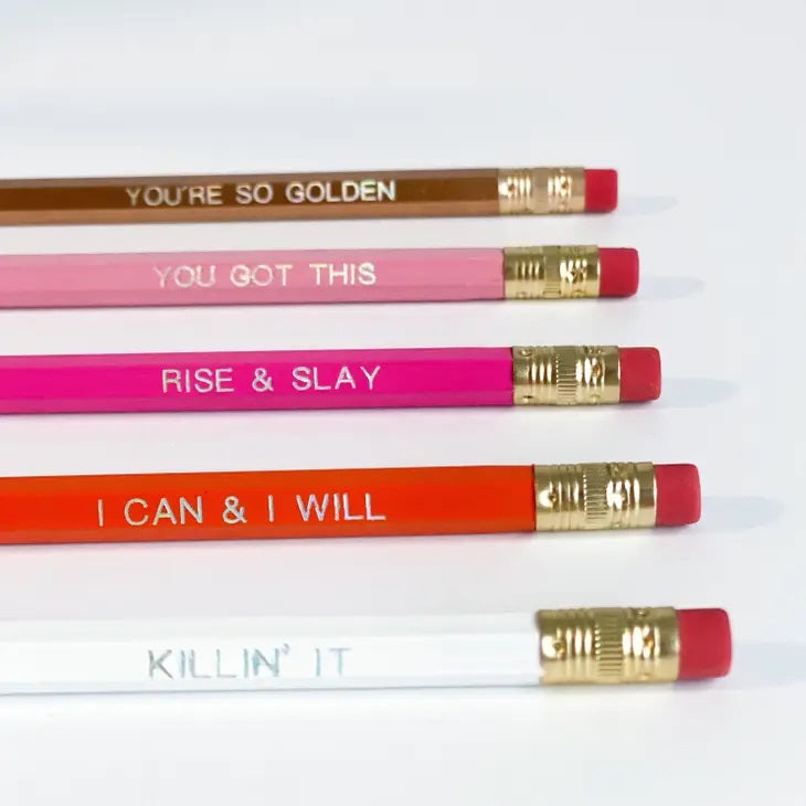 5 pencils with sassy sayings on it