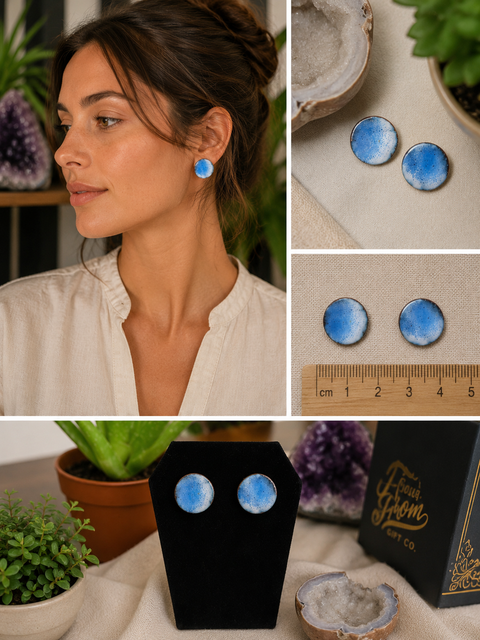 Collage of a woman wearing blue earrings, close-ups of the earrings, and packaging with a brand name.