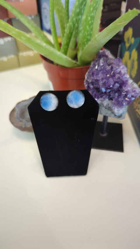 Pair of earrings on a black stand with a plant and crystal in the background