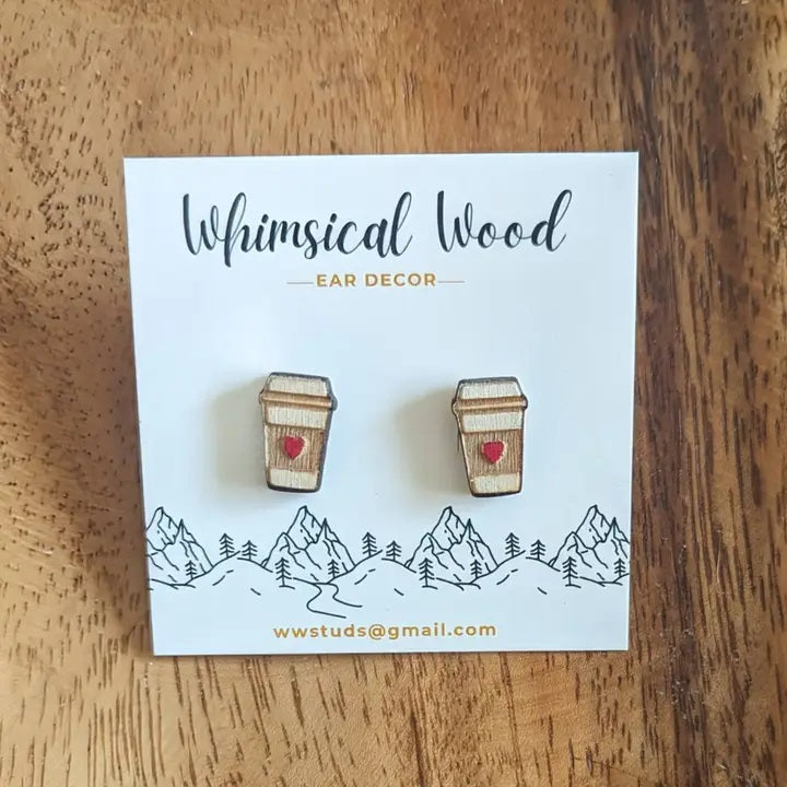 Whimsical Wood - Coffee Lover Stud Earrings