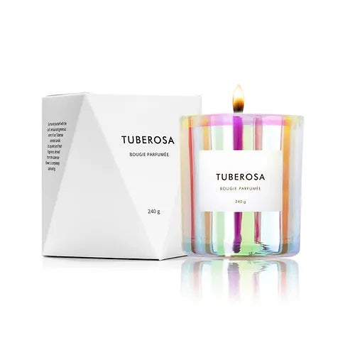 tuberose candle in holographic vessel with diamond box
