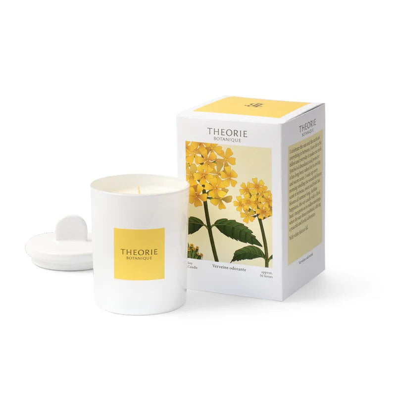 verbena soy wax candle in white jar with yellow box