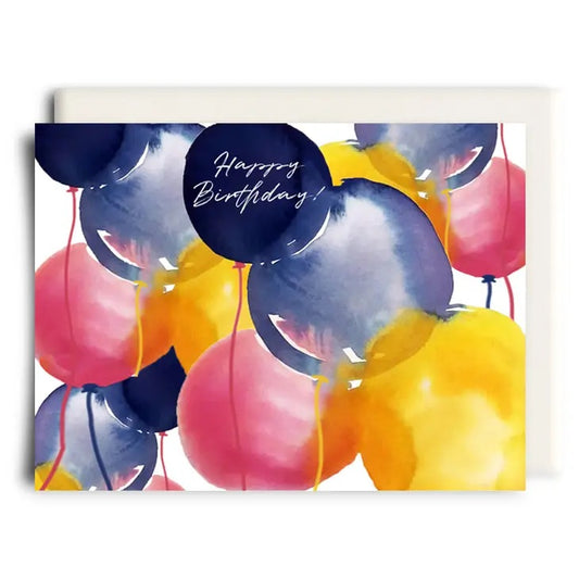 Beautiful and cute birthday greeting card showing multi coloured balloons in water colour. 