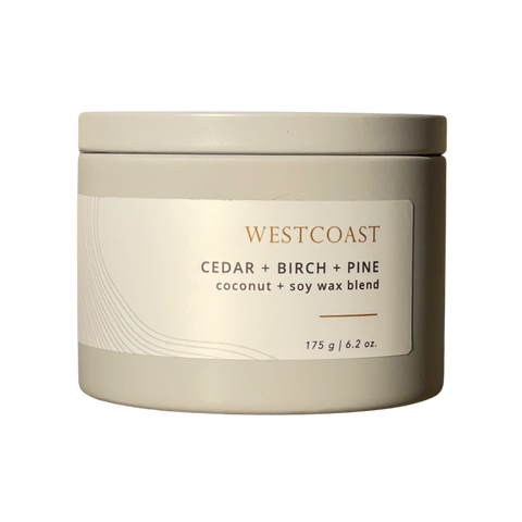 Beige candle jar with 'Westcoast' label on a white background