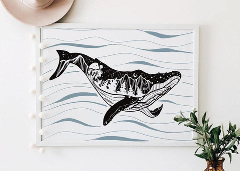 Illustration of a whale on wavy lines with a plant and hat in the background
