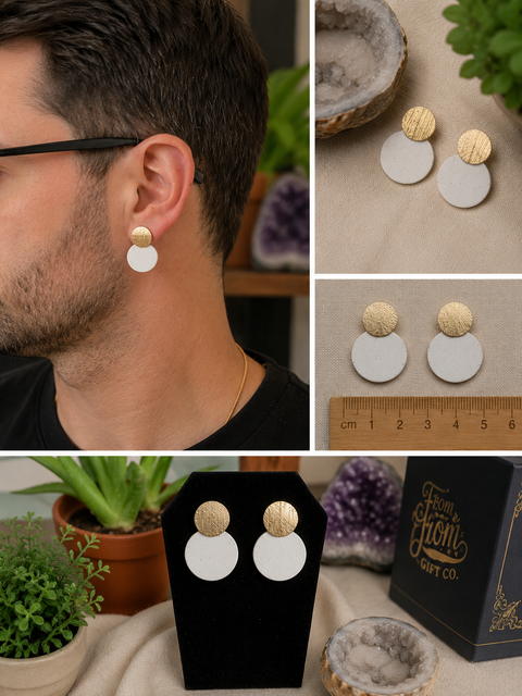 Collage of a man wearing gold and white earrings, with close-ups and a display card.