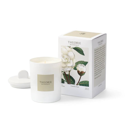 camellia candle in white jar with beige box