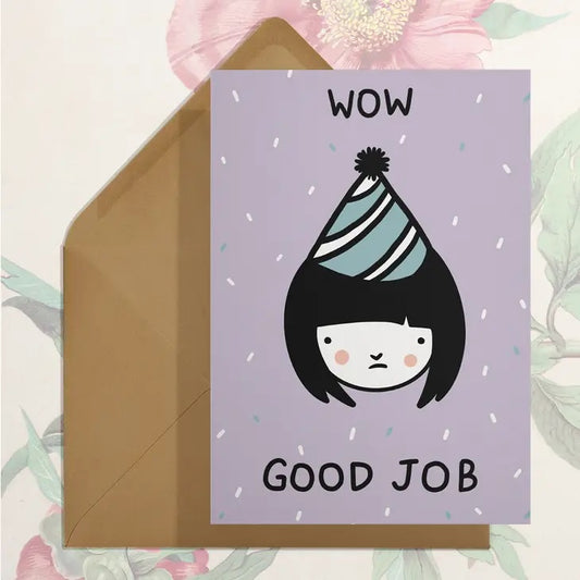 purple card with unhappy face with birthday hat