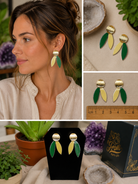 Green and Yellow Drooping Leaf Handmade Earrings