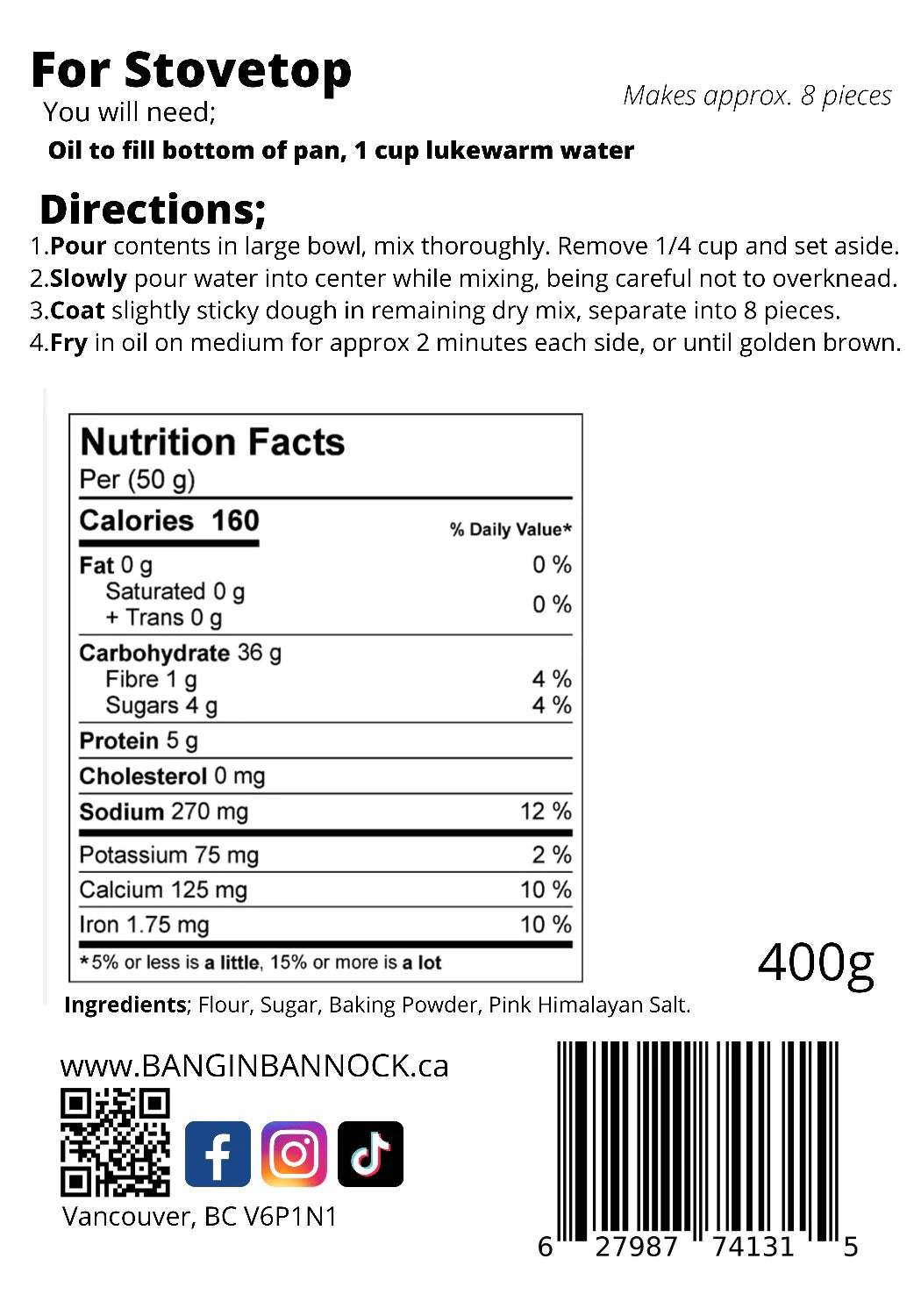 bannock bread nutritional information
